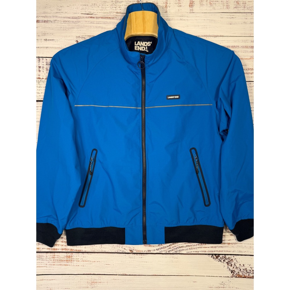 Lands' End Bomber Windbreaker Jacket Mens L Blue Reflective Full Zip Mesh Lined